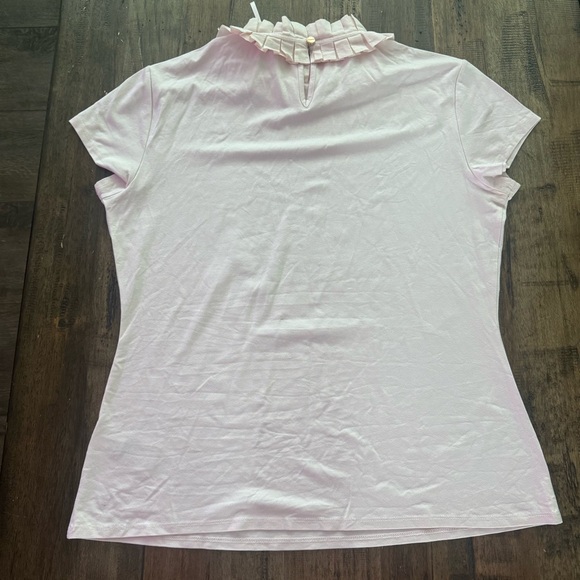 EUC Ted Baker Pink Ruffle Neck Tie Blouse Top Size 5 (XL) Mock Neck Short Sleeve - Picture 7 of 11